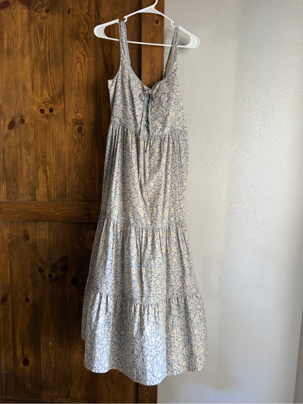Christy Dawn Blue and Cream Floral Tiered Maxi Dress with Tie Front